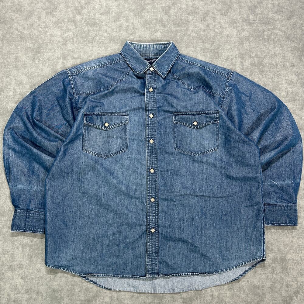 Vintage Wrangler Western Shirts Mens XL Blue Denim Western Pearl Snap Glossy